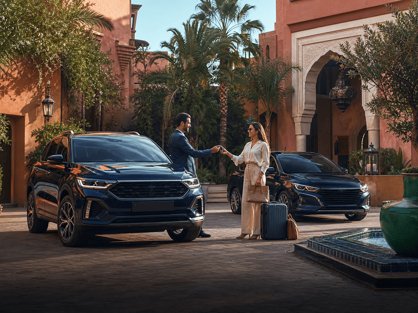 Car rental handover with SUV and sedan options in Moroccan courtyard